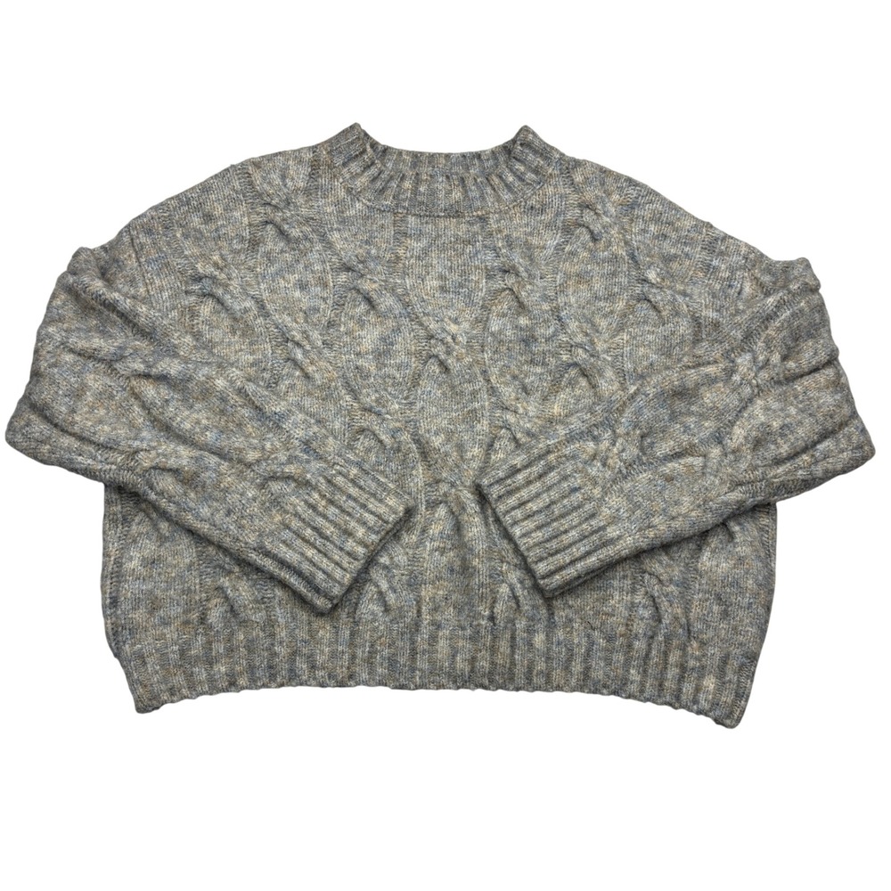 4SI3NNA Sweater Womens Small Blue Grey‎ Marled Chunky Cable Knit Crop Wool Blend